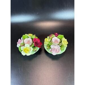 Denton Bone China Floral Candle Holders Pair English Rose Wreath Candlesticks
